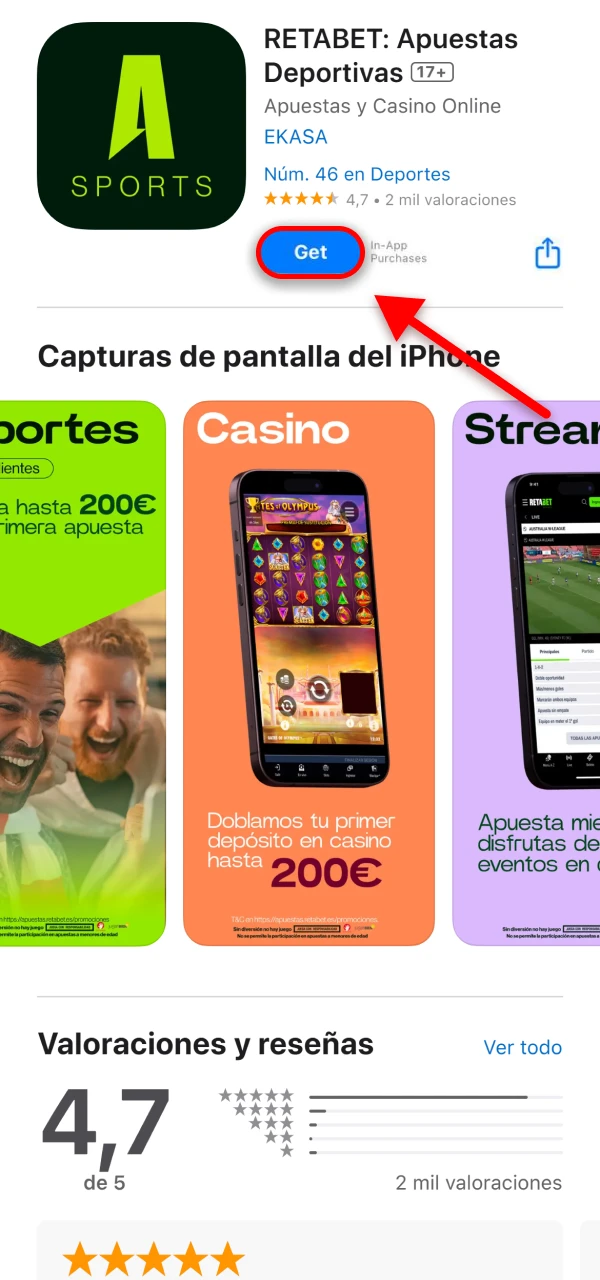 Instala la app oficial Retabet en tu iPhone desde la App Store haciendo clic en Obtener.