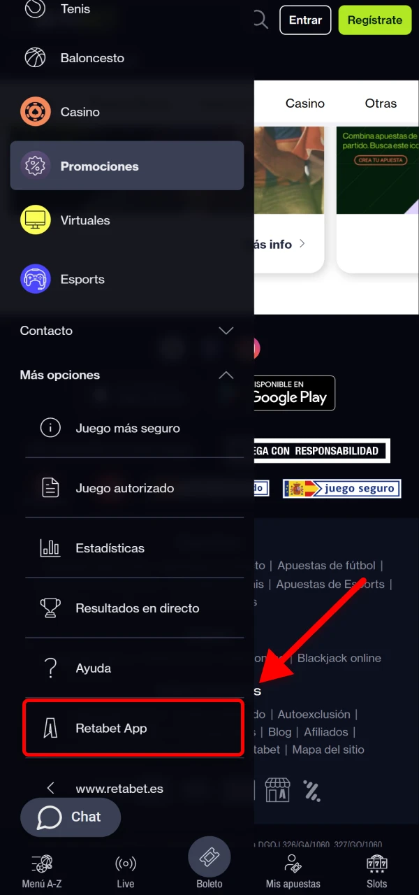 Visita la página de la aplicación Retabet y selecciona la opción iOS.
