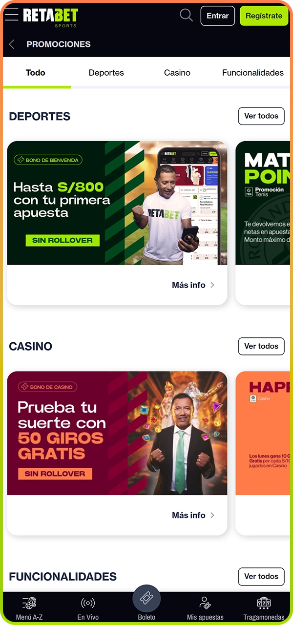 Página de bonos y promociones en la app Retabet con ofertas personalizadas para usuarios.
