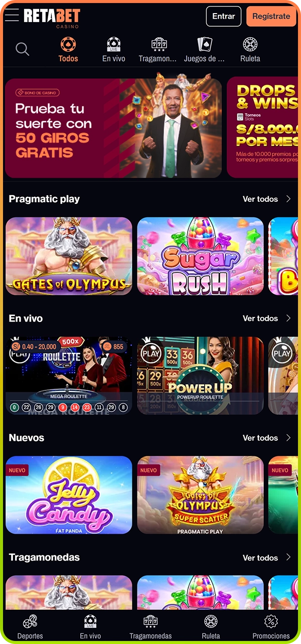 Sección de deportes en la app Retabet con fácil acceso a apuestas y eventos en vivo.