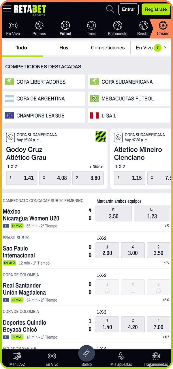 Interfaz de casino en la app oficial Retabet con búsqueda conveniente y juegos populares.