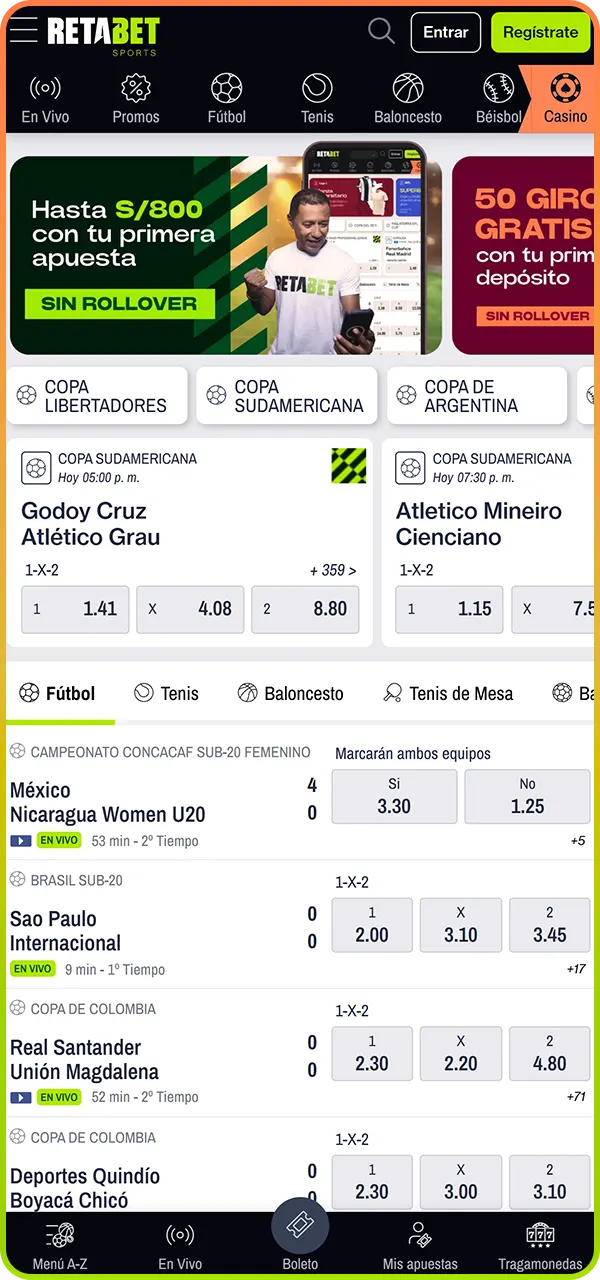 Pantalla principal de la app oficial Retabet con diseño minimalista y navegación rápida.