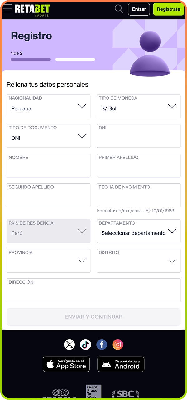 Formulario de registro simple y rápido en la app oficial Retabet para nuevos usuarios.