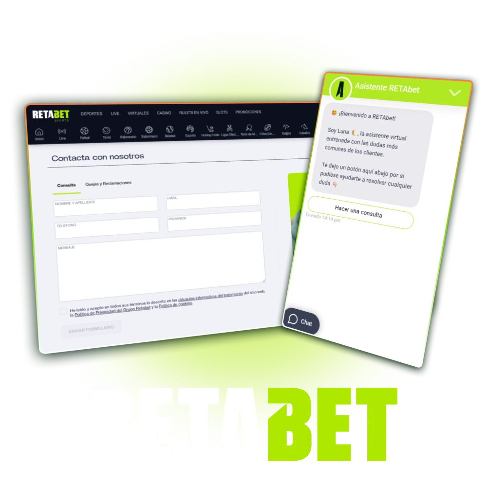 Formas de contacto con el servicio de atención al cliente oficial de Retabet para jugadores en Perú.