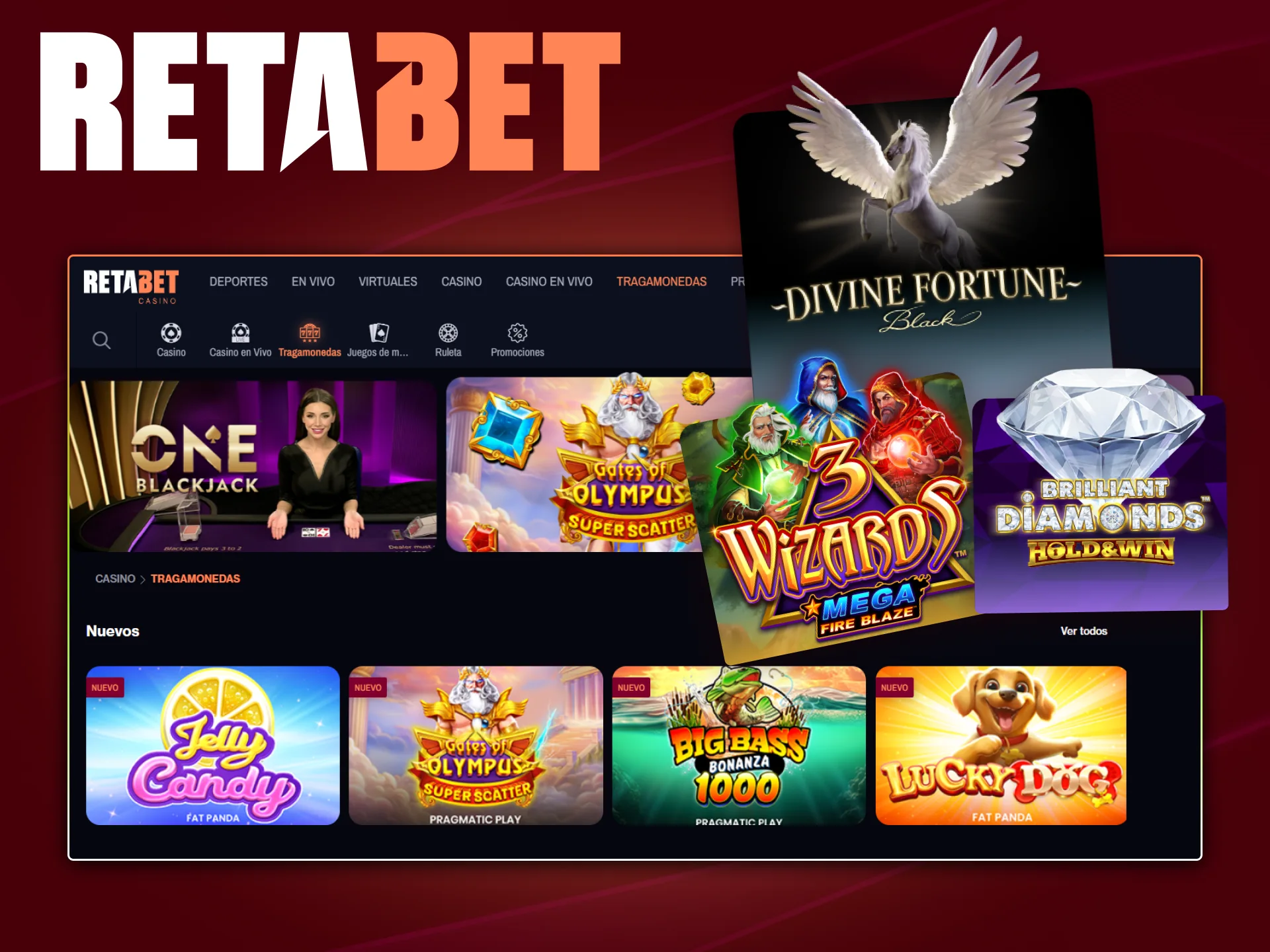 Colección de tragamonedas online en el casino oficial Retabet con jackpots progresivos.