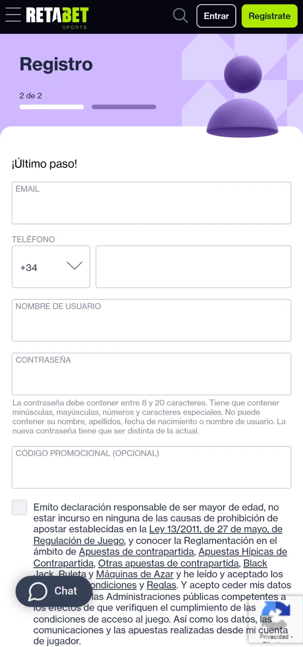 Página final del registro en Retabet con campos para correo, teléfono y código promocional.
