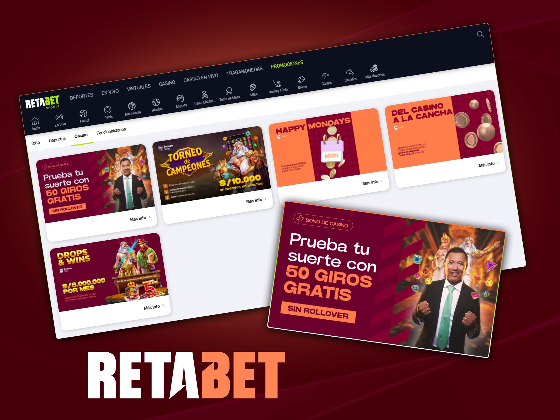 Bonos de casino en Retabet Perú con giros gratis y promociones especiales como Happy Monday y Del casino a la cancha.