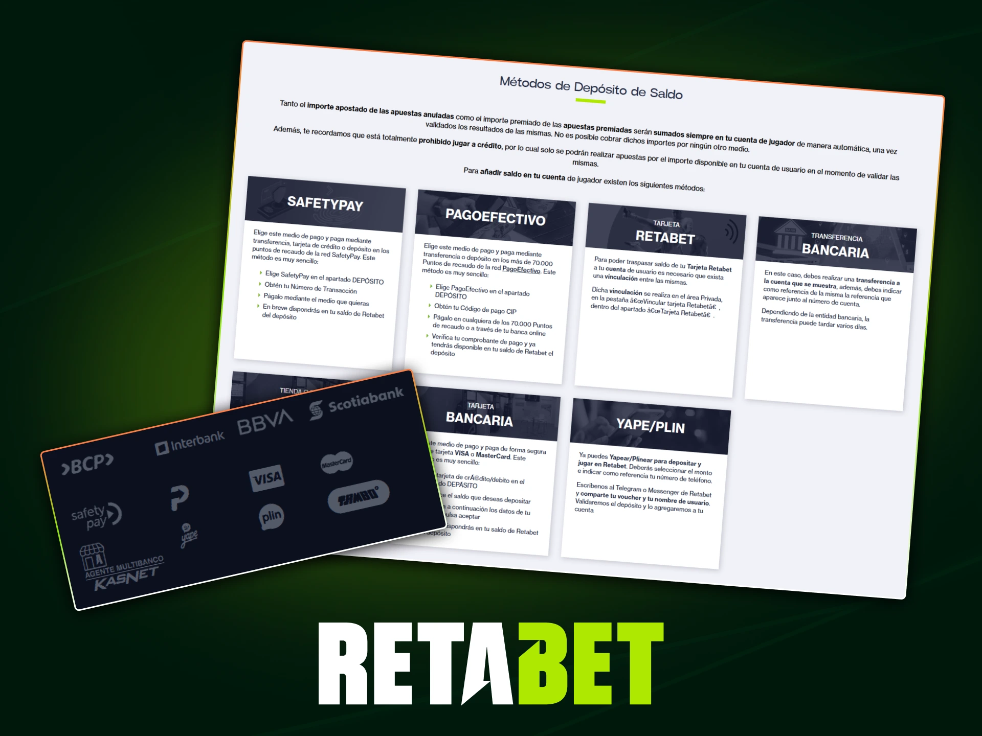 Métodos de depósito en Retabet para usuarios peruanos, incluyendo tarjetas y pagos locales.