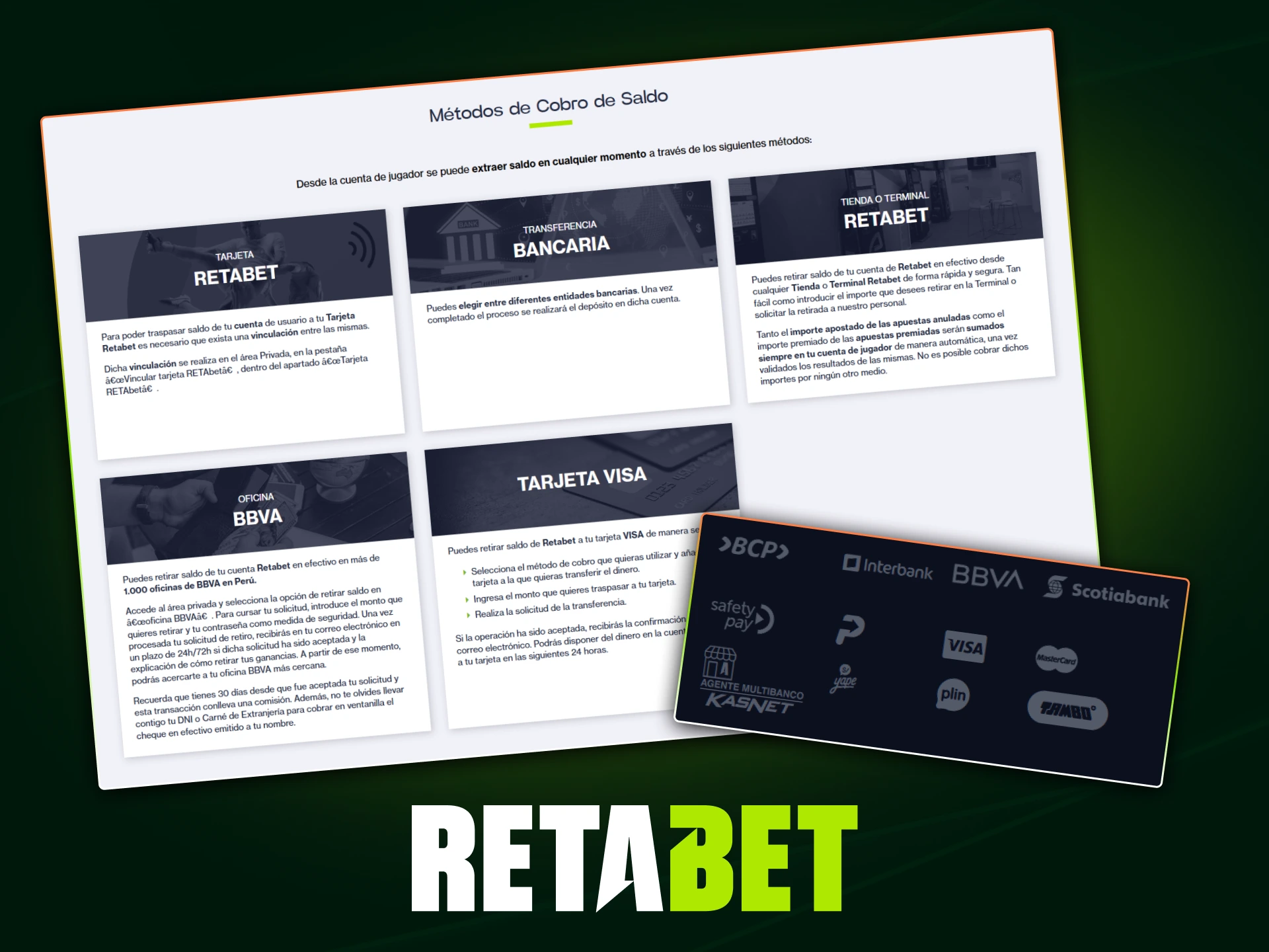 Métodos de retiro disponibles en Retabet Perú con tarjetas, bancos y billeteras electrónicas.