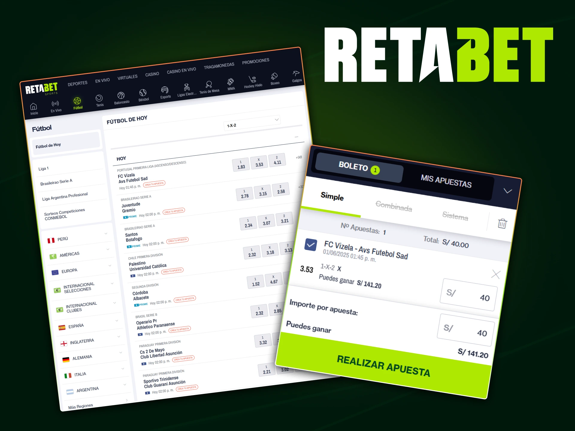 Apuestas de fútbol en Retabet con ligas nacionales e internacionales y cuotas competitivas.