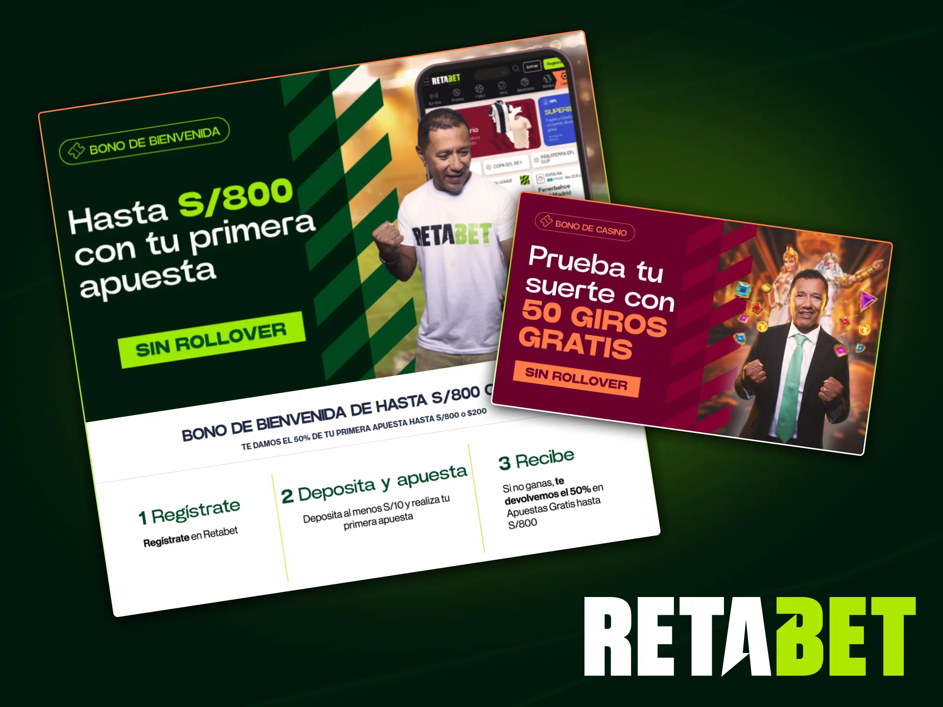 Oferta de bienvenida de Retabet con giros gratis en casino y bono del 50 % para apuestas deportivas.