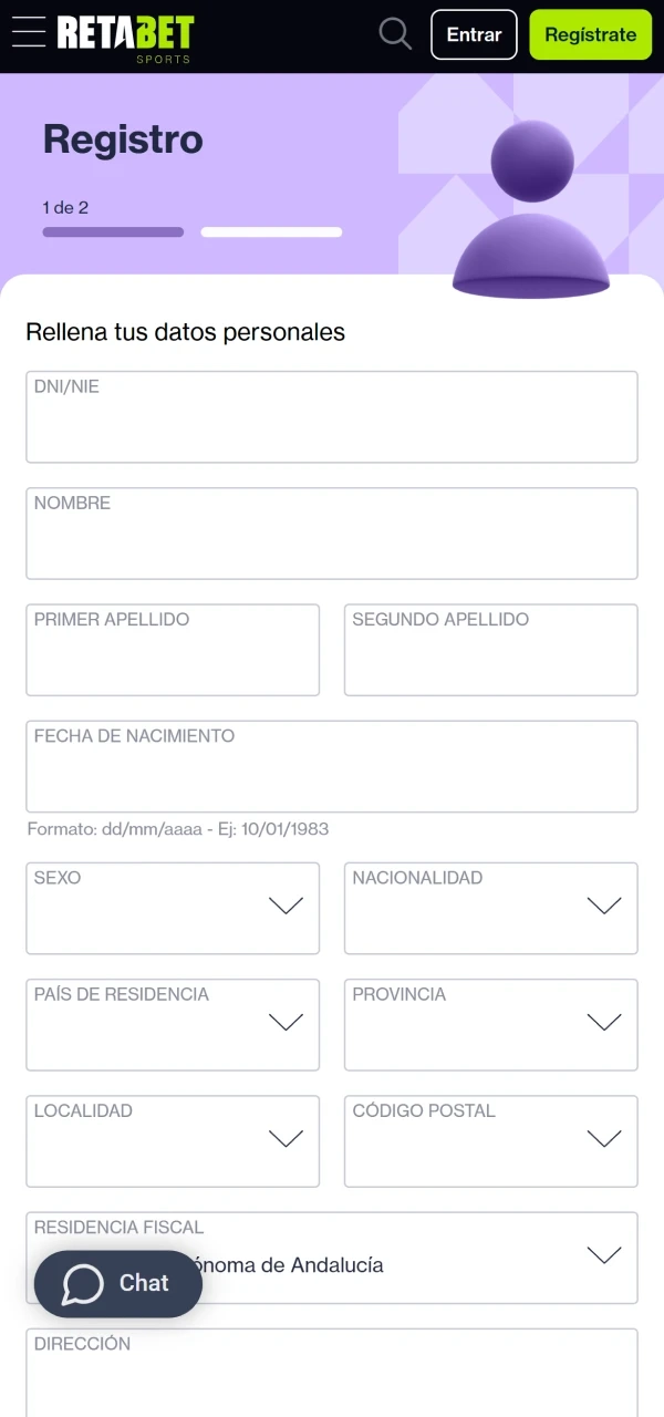 Formulario de Retabet donde los usuarios ingresan sus datos personales y de identificación.