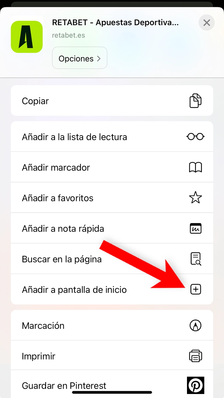 Seleccione agregar a la pantalla de inicio en el sitio web de Retabet.